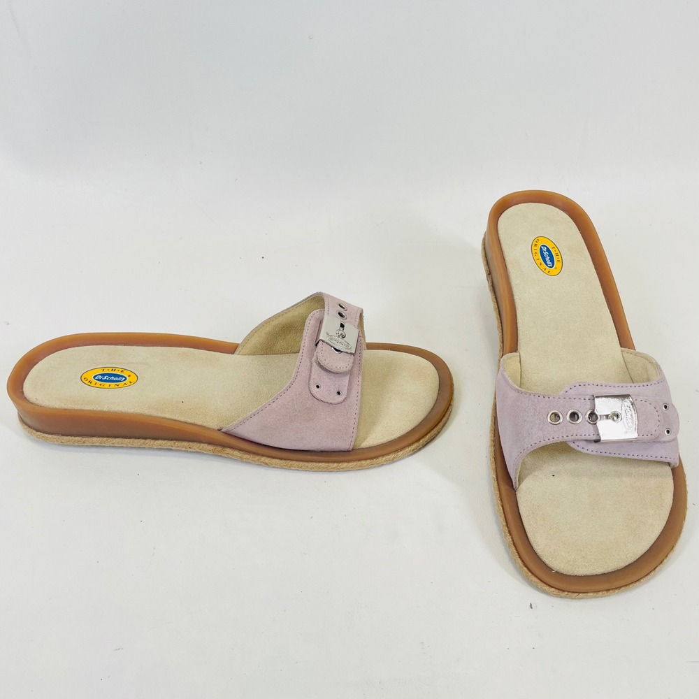 Dr Scholls Heaven Lavender Purple Suede Slide Sandals Buckle Jute Trim Mens 8M
